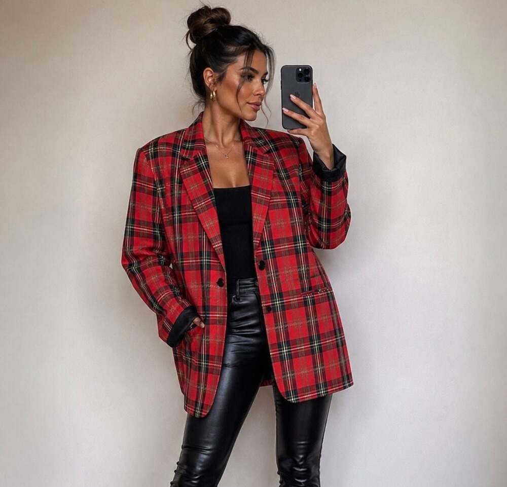 Vintage Christy Girl Red Tartan Plaid Blazer Jacket Women’s Size 12 Holiday 90s